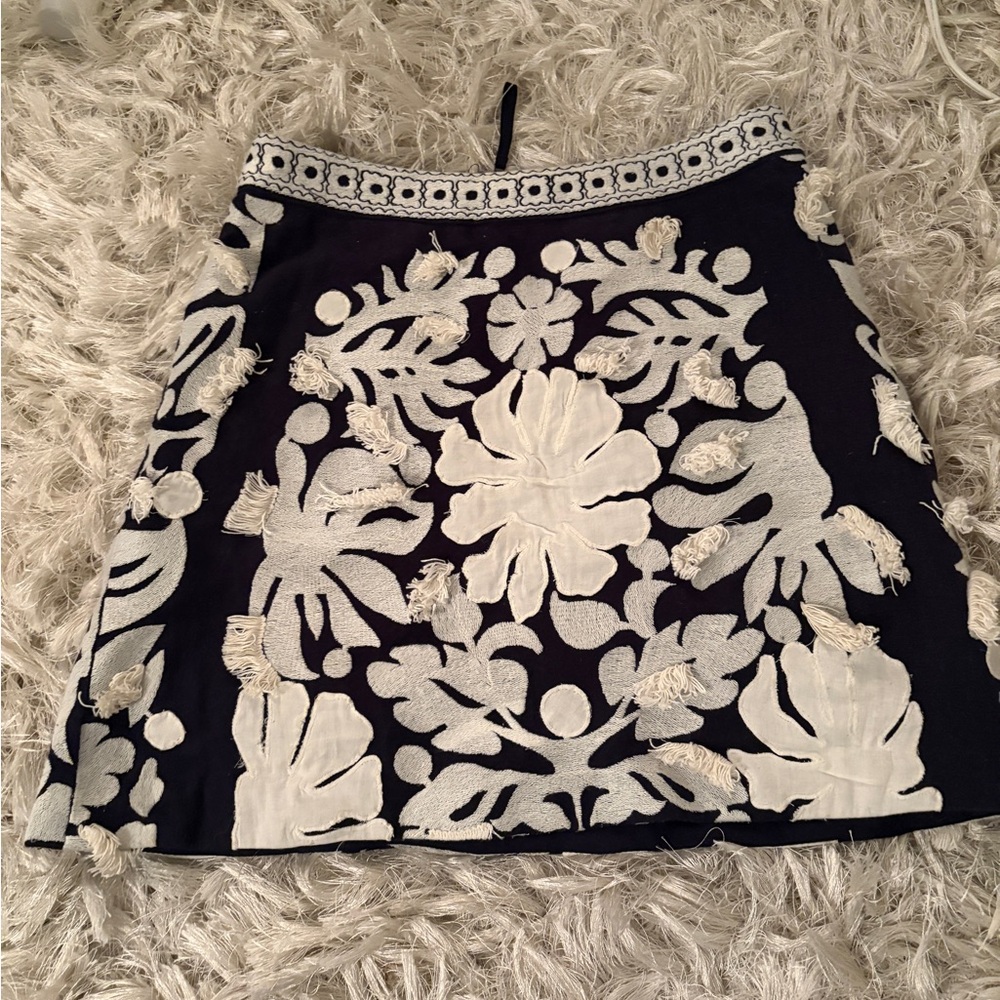 Anthropologie Black and Cream Floral A-Line Skirt